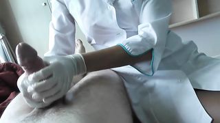 Pantyhose wearing nurse treating her patient's cock