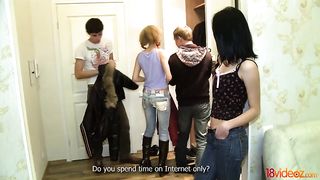 Sexy Russian whores are trying a group sex with two guys on the sofa