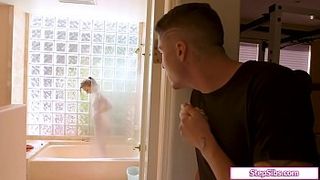 Blonde teen with small tits makes a passionate sex with her boyfriend in the bathroom