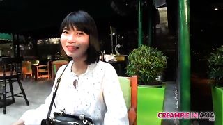 Short haired Asian babe preparing for a huge creampie