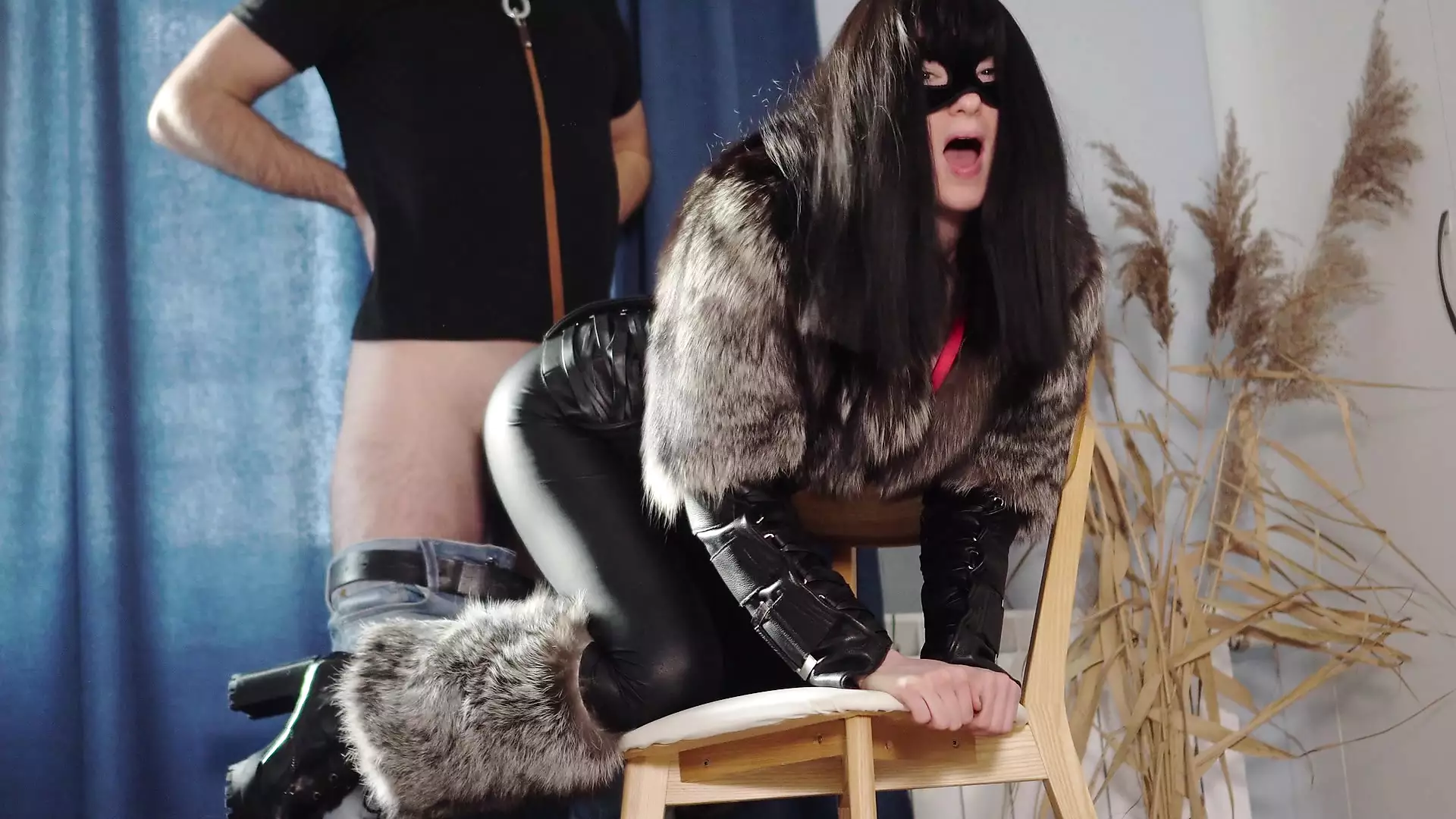 Sexy kitty plays with her sex slave. Femdom in fursuit