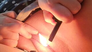 Hot Milf Cougar plays with Fire direct flame to play pussy and clit torture with lighter flame fire masturbation