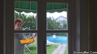 Young blond dude rides his poor old grandma in her apartment