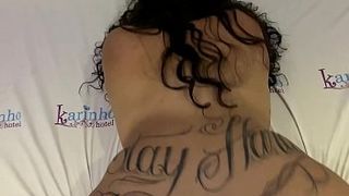 Chubby tattooed girl takes on a fat dude who has a small dick
