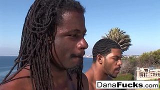 Black hunks fuck a tight woman and cum on her face and tits